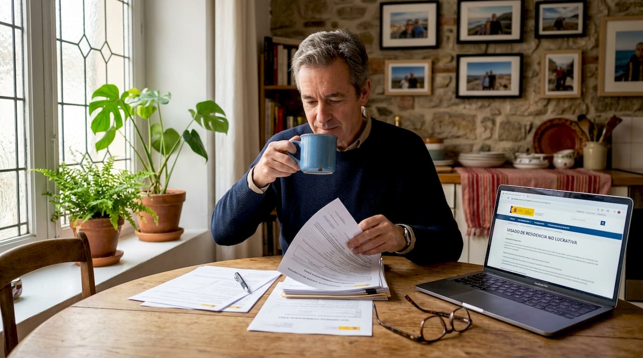 Man preparing non-lucrative visa paperwork at home