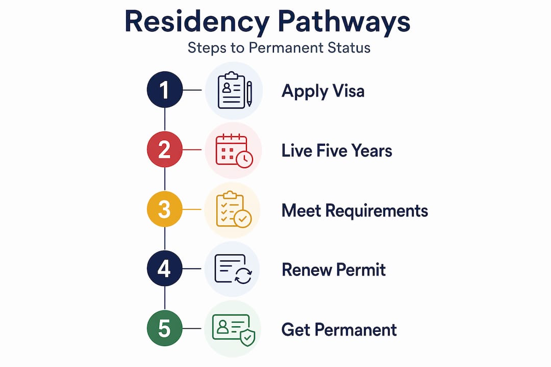 Infographic showing steps to permanent residency in Spain
