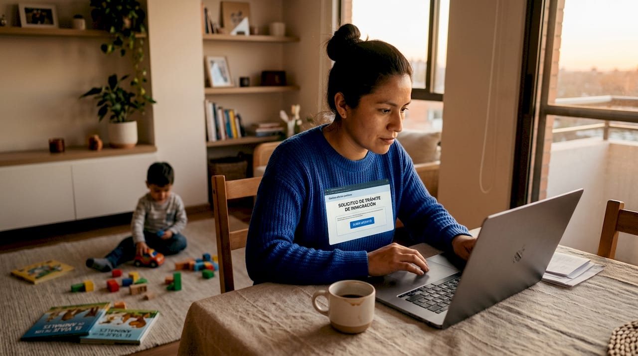 Persona migrante cargando sus documentos legales a través de una plataforma digital