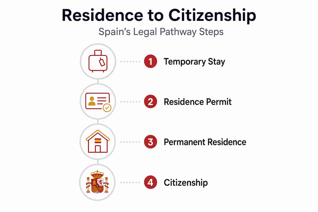Infographic showing Spain legal residence to citizenship steps