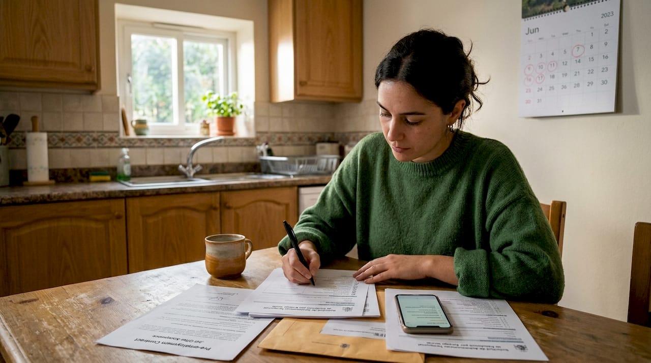 Woman completing arraigo social application at home desk