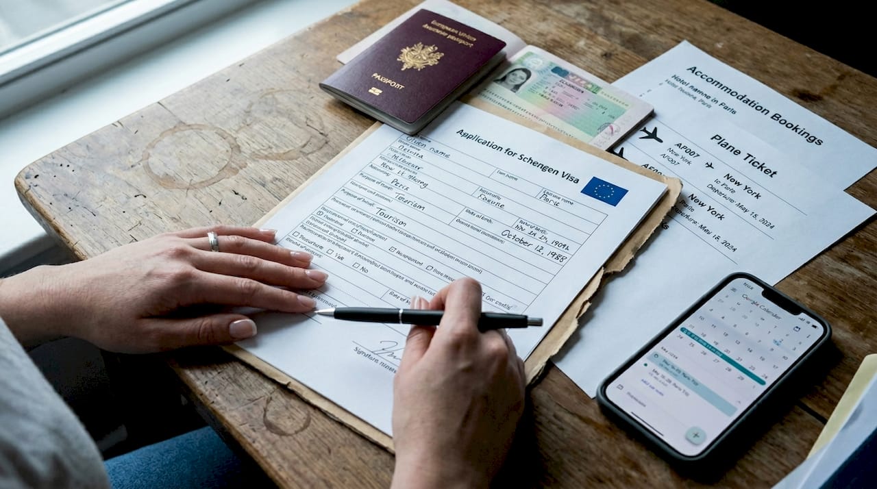 Schengen visa application documents on desk
