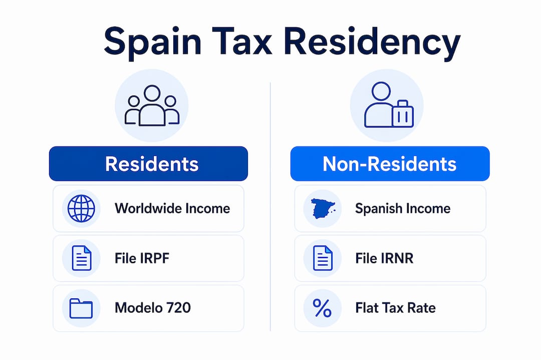 Infographic comparing tax obligations for residents and non-residents in Spain