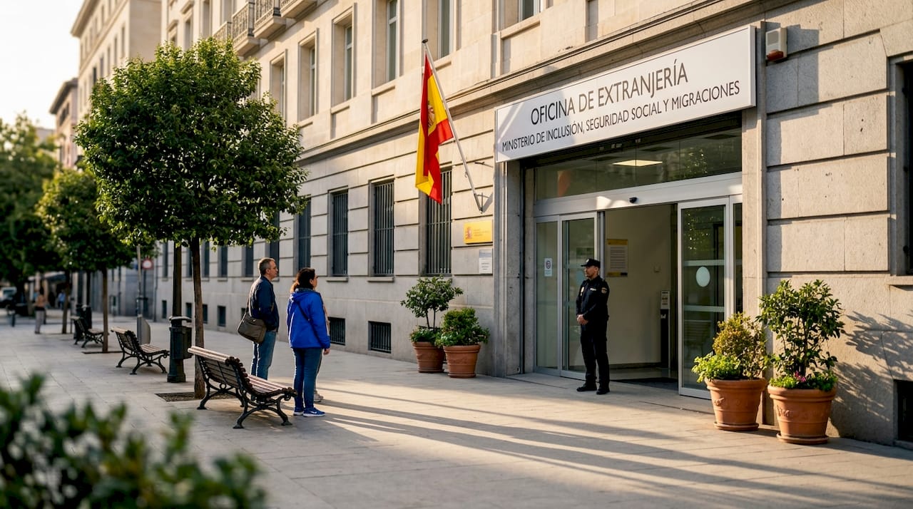 Acceso a la oficina de inmigración en España con varias personas haciendo cola.