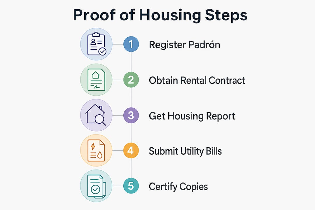Infographic illustrating steps to prove housing in Spain
