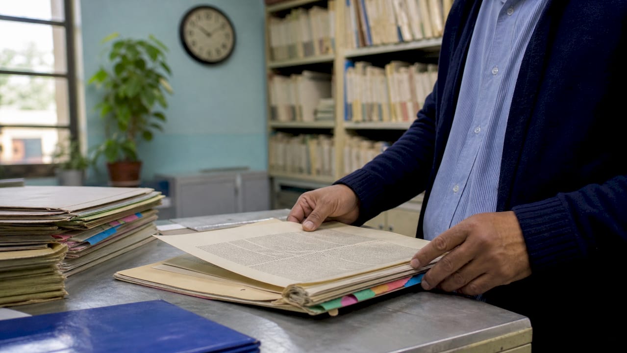 Personas revisando documentos del registro municipal