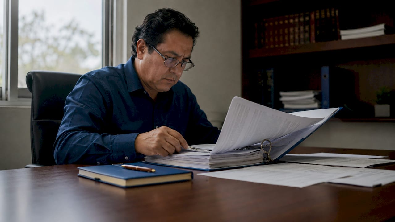 Abogado revisando y organizando un expediente judicial digital