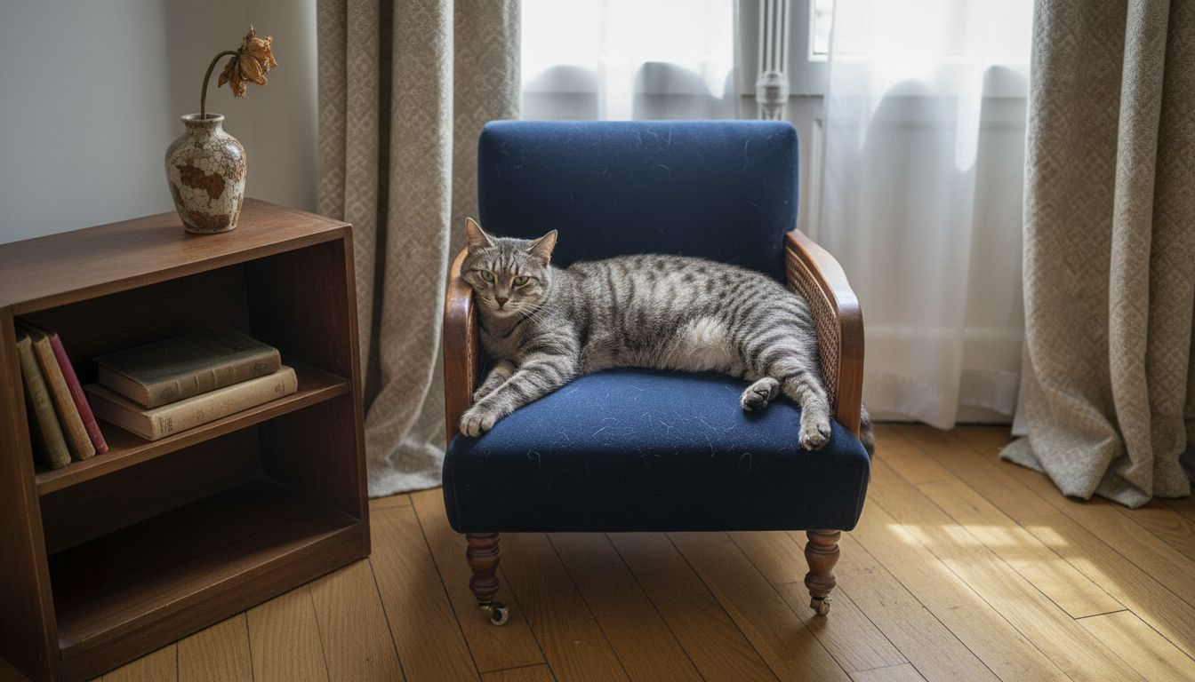 Un chat gris confortablement installé sur son fauteuil préféré