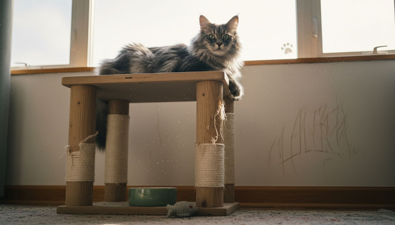 Un chat qui profite d’un moment de détente sur un arbre à chat design en bois.