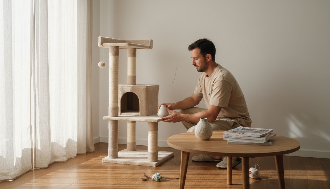 Un homme installe un arbre à chat design dans son salon pour allier déco et bien-être de son félin.