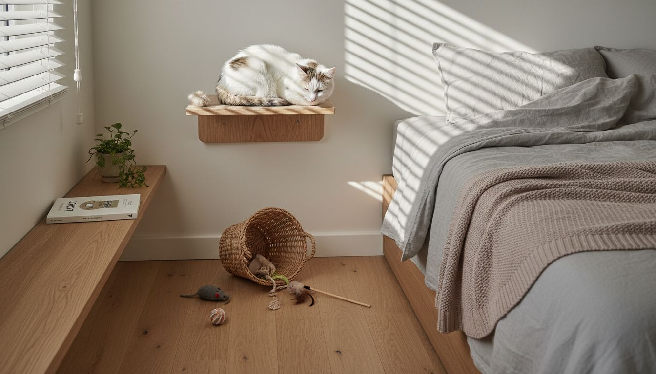 Un chat se prélasse sur une étagère en bois fixée au mur, dans une chambre à la décoration minimaliste.