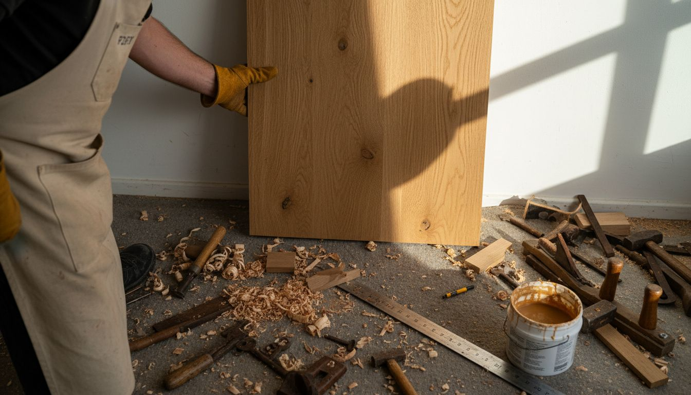 Un menuisier pose une étagère en bois en forme d’arbre sur le mur.
