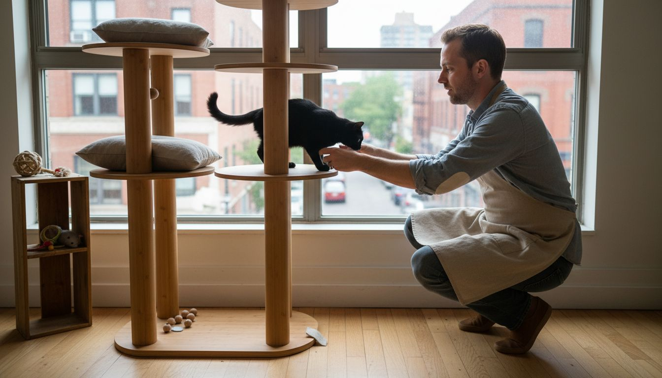 Architecte du bien-être félin : homme en tablier ajuste un arbre à chat écologique en bois près d’une fenêtre, avec un chat noir explorant les plateformes.