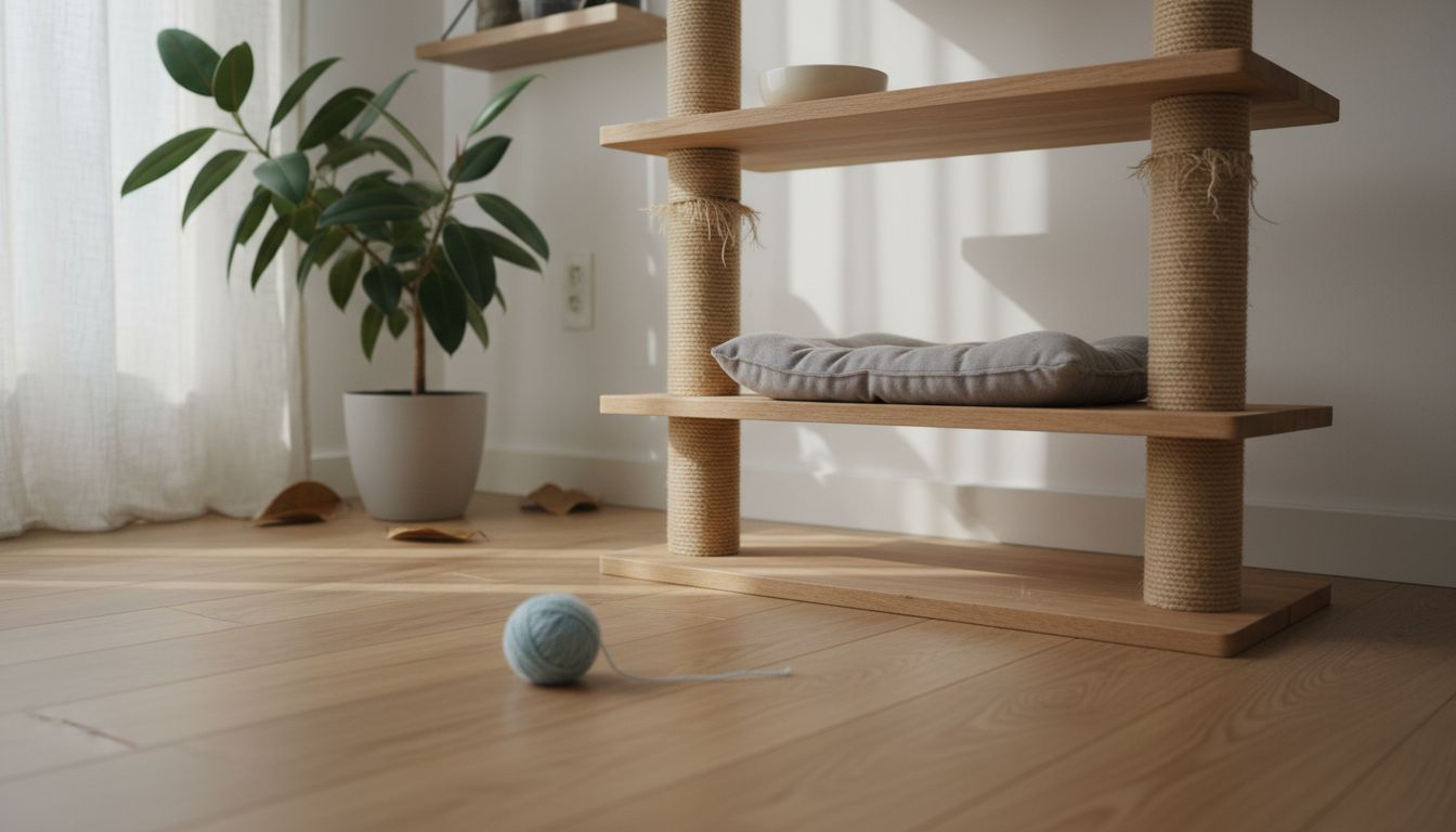 Un arbre à chat au design contemporain, conçu à partir de matériaux naturels