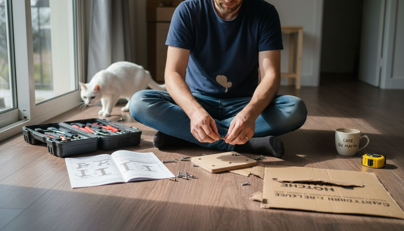 Un homme inspecte les différents éléments de son arbre à chat pour s’assurer qu’il est bien solide et sécurisé.