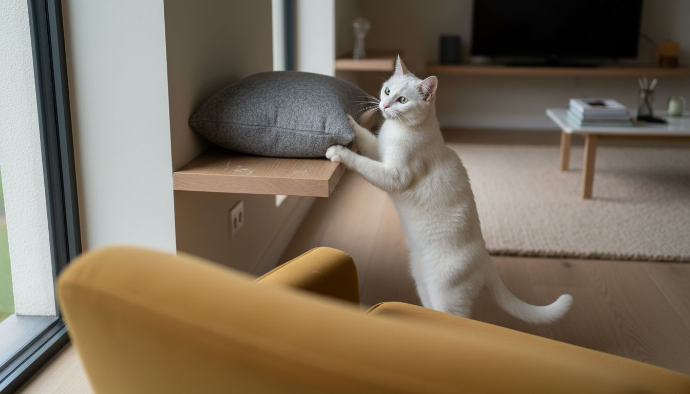 Une chatte s'amuse sur un coussin en feutre au design moderne.