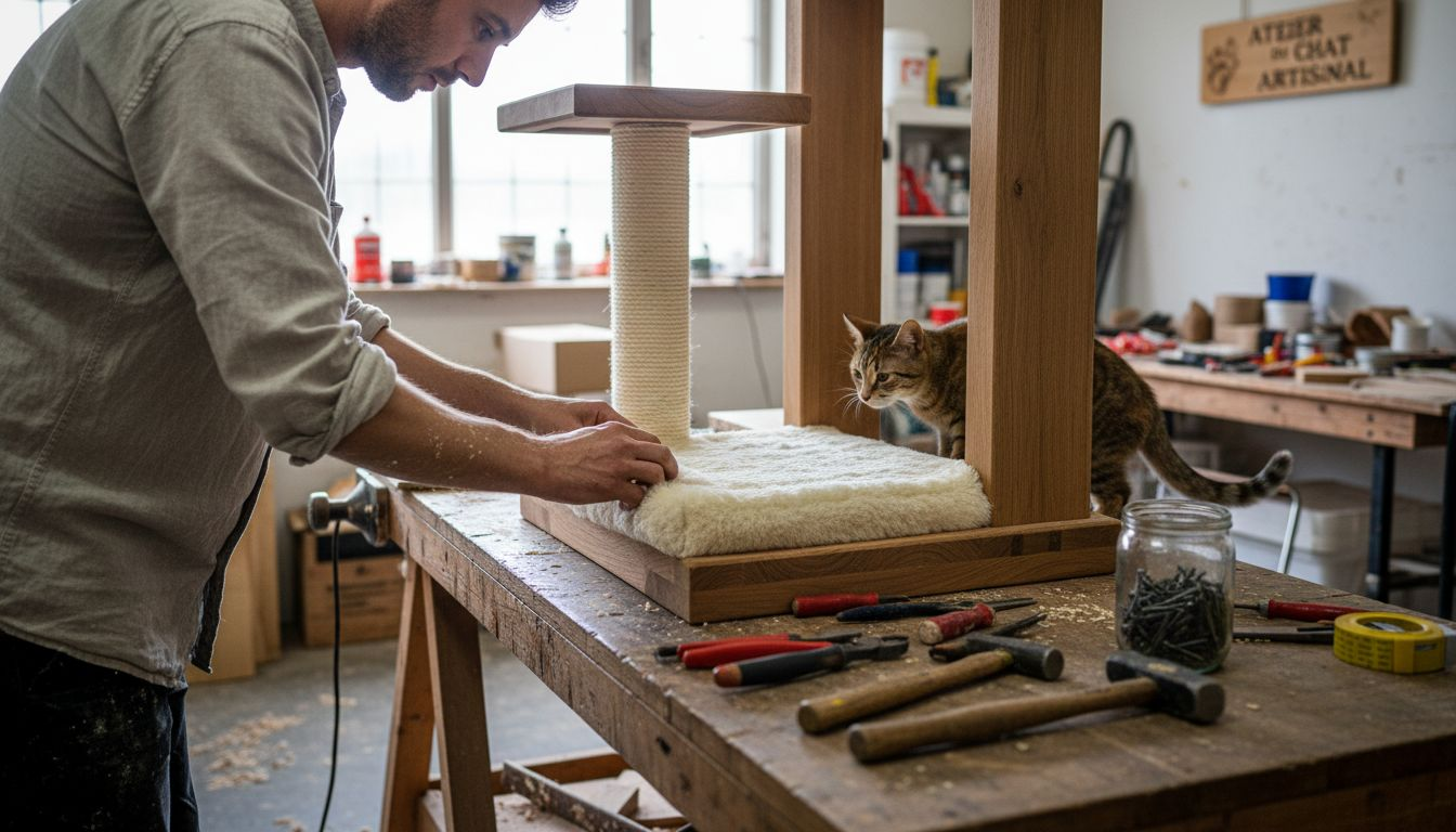 Dans son atelier, un artisan passionné peaufine les moindres détails d’un meuble haut de gamme spécialement conçu pour les chats.