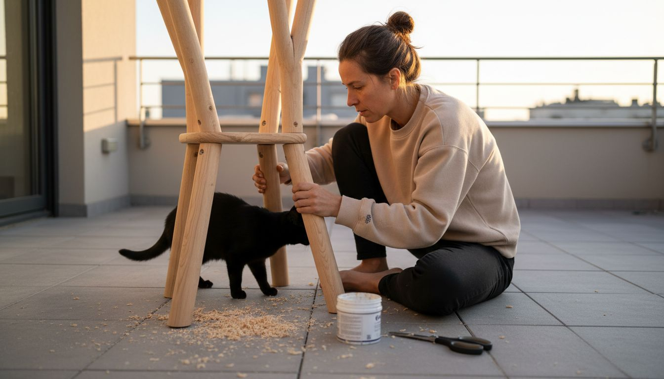 Une femme inspecte attentivement les finitions d’un arbre à chat en bois.