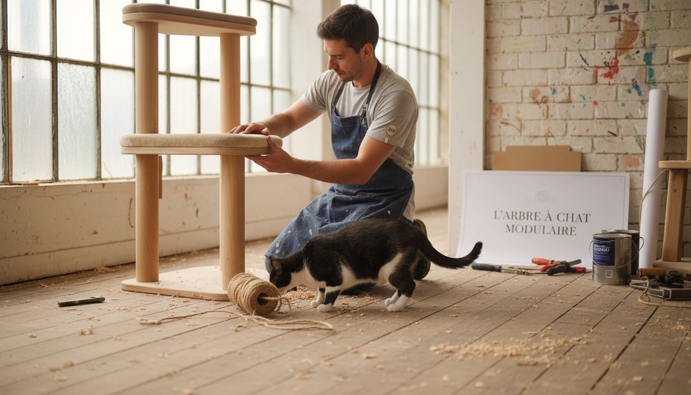 Homme en tablier assemble un arbre à chat en bois dans un atelier lumineux, chat noir et blanc explore un cordage autour du poste de travail.