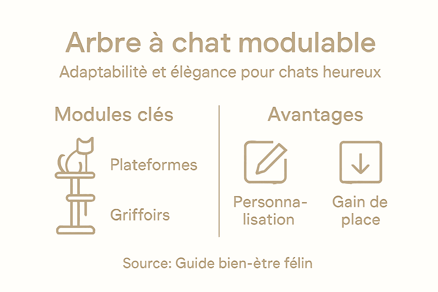Arbre à chat modulable: illustration symbologique avec modules clés (plateformes, griffoirs, affichage Avantages) et source bien-être félin.