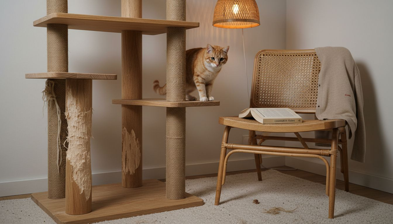 Un chat se prélasse à côté d’un arbre à chat en bois, robuste et élégant.