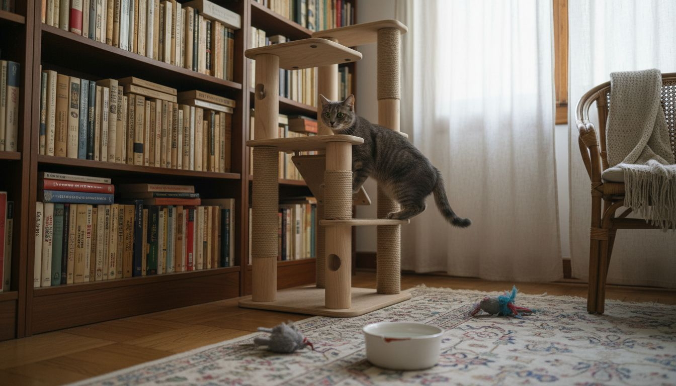 Un chat qui grimpe avec agilité sur un meuble au design moderne dans le salon.