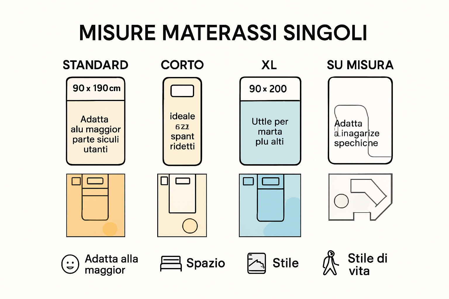 Infographic with single mattress size comparisons and decision factors