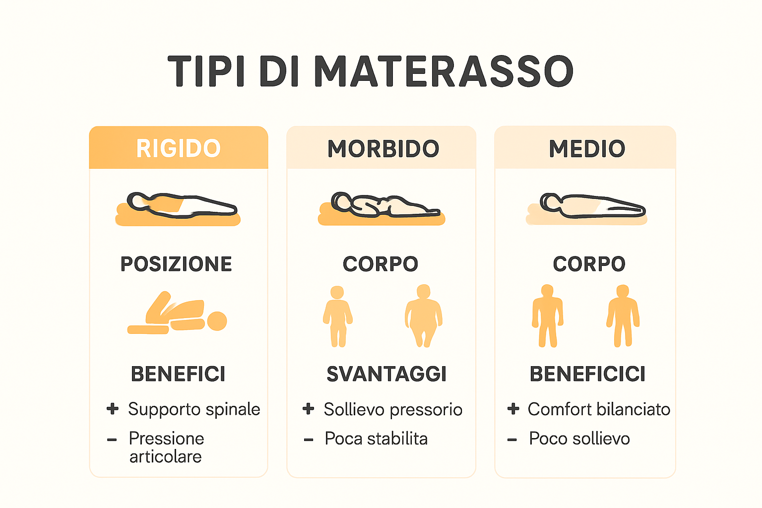 Confronto visivo tra materasso rigido, morbido e media fermezza