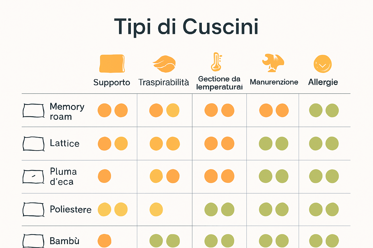 Infografica comparativa materiali cuscini