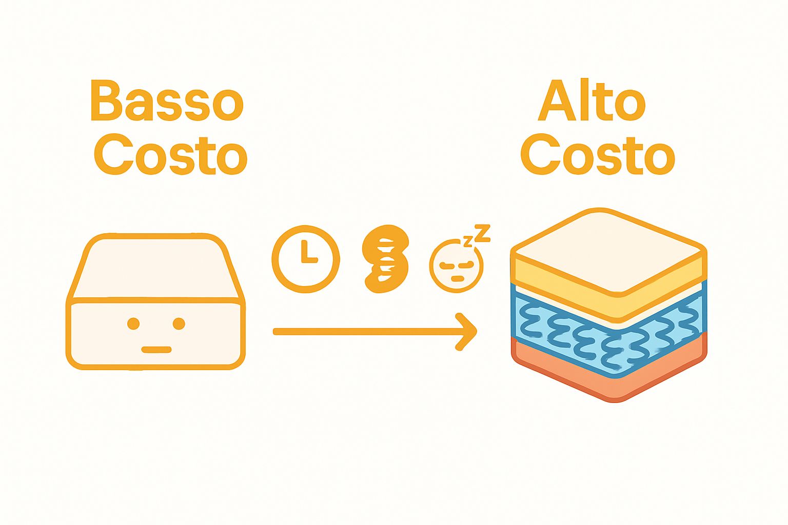 Basic mattress vs luxury mattress with icons for price, comfort, and support