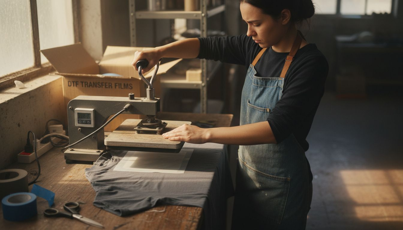 Operator curing DTF design under heat press