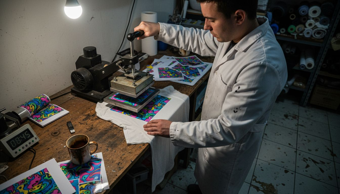 Technician transferring design using heat press