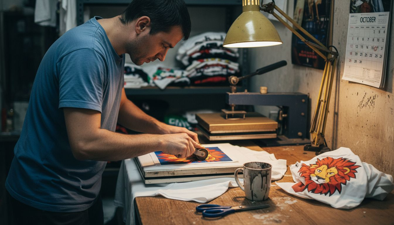 Technician pressing DTF film onto t-shirt