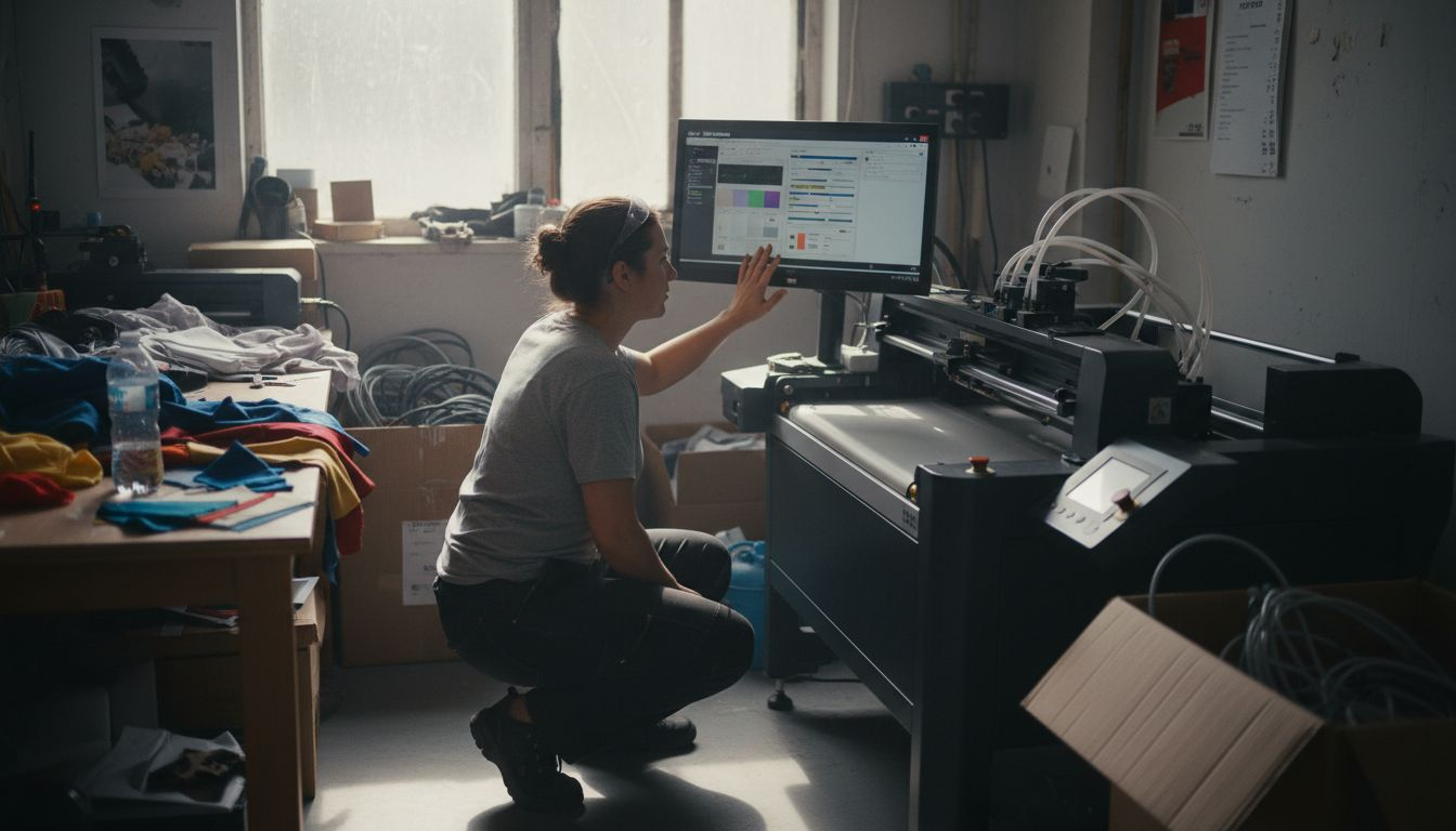 Woman adjusting DTF printer touchscreen controls