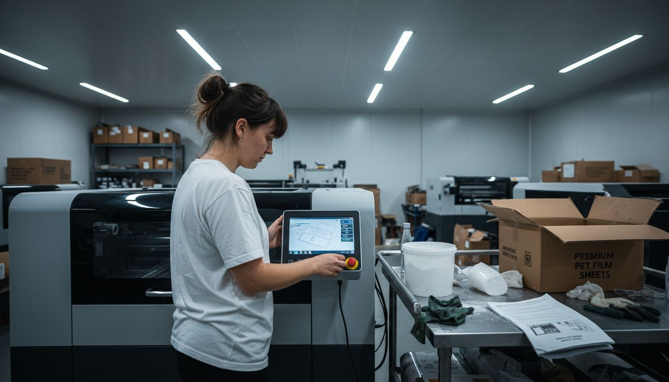 Operator preparing DTF printer with materials nearby