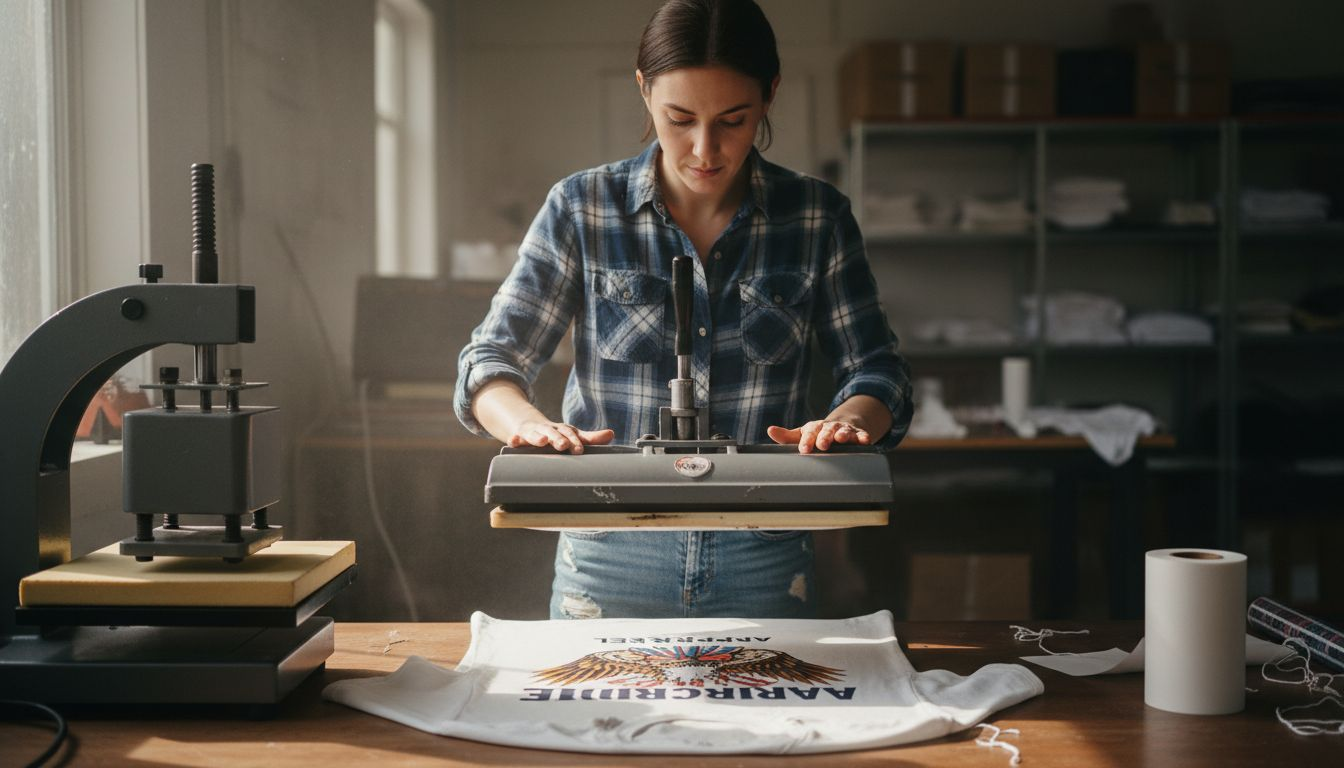 Woman heat pressing DTF transfer onto shirt