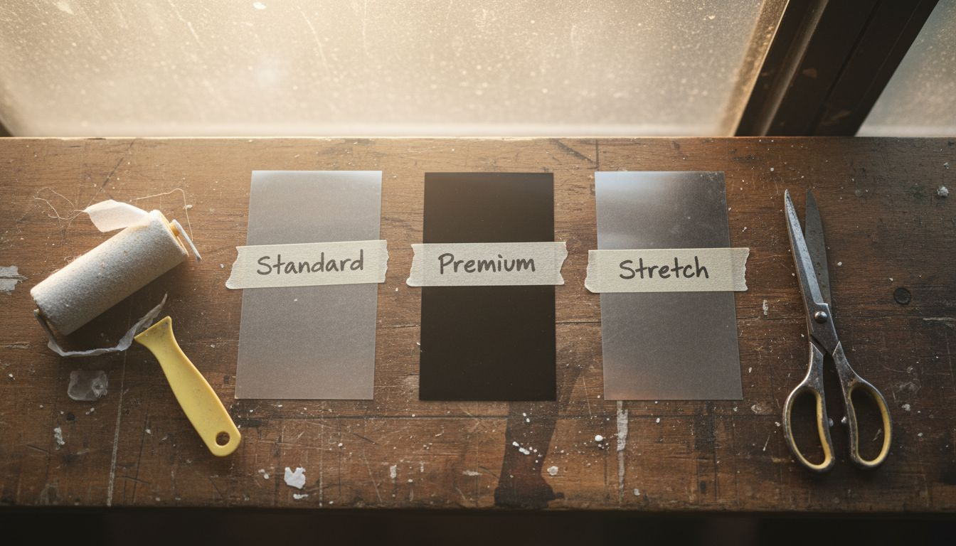 Different DTF film samples labeled on table