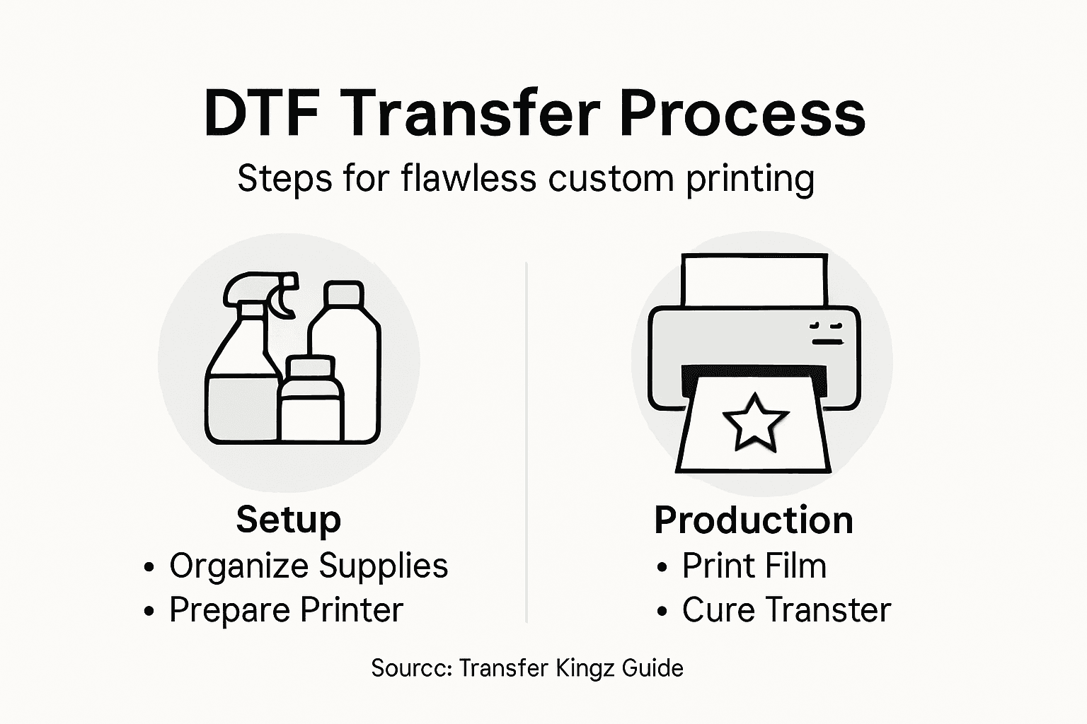 Infographic showing DTF transfer printing steps