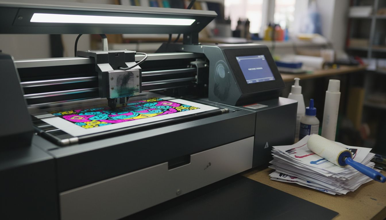 Close-up of DTF printer printing transfer film