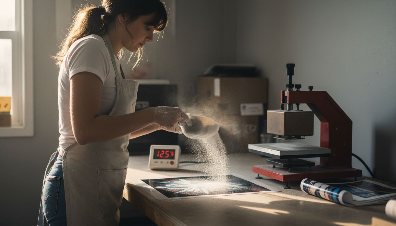 Operator applying powder for DTF workflow