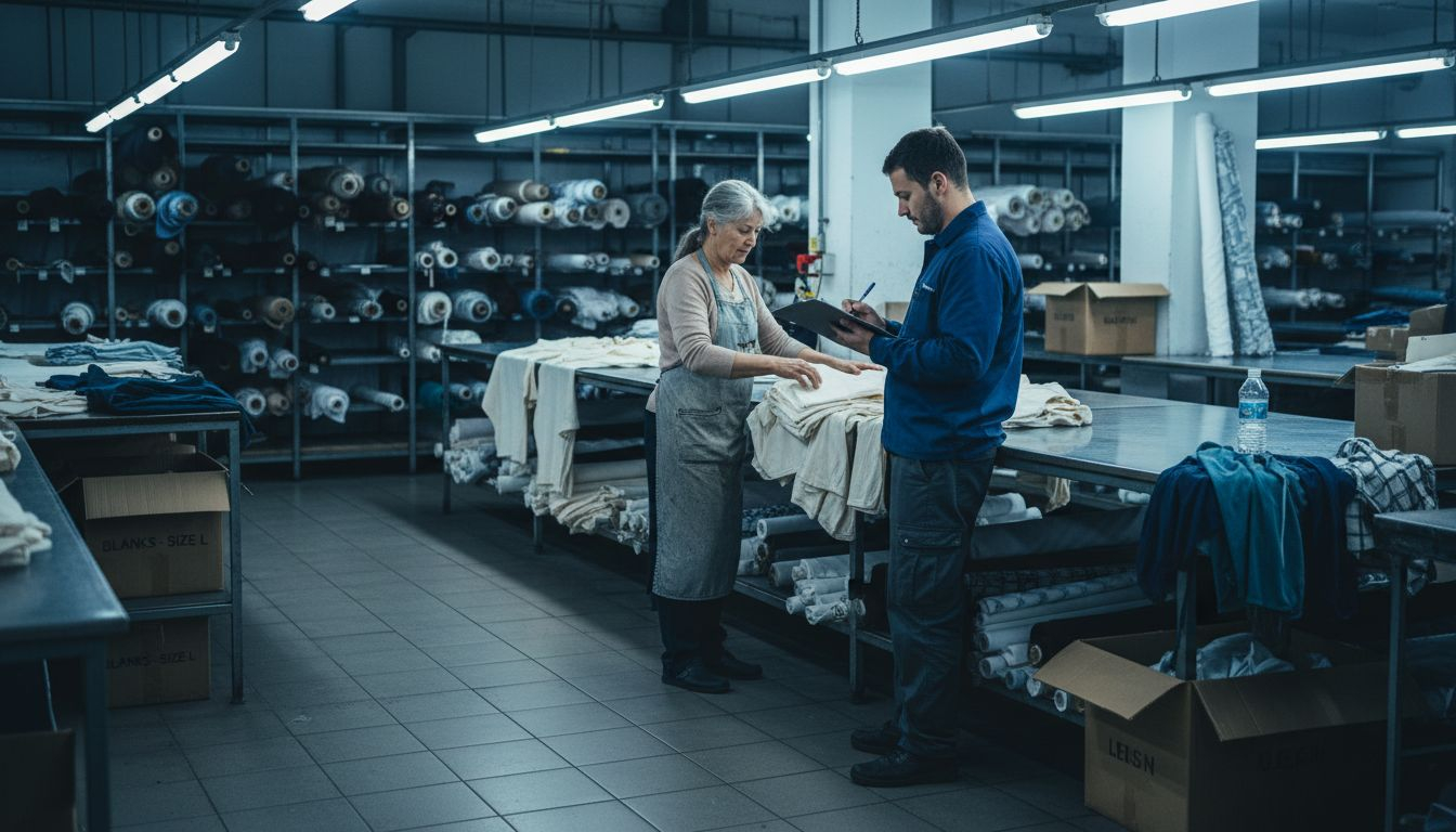 Apparel workers prepping t-shirts on shop floor