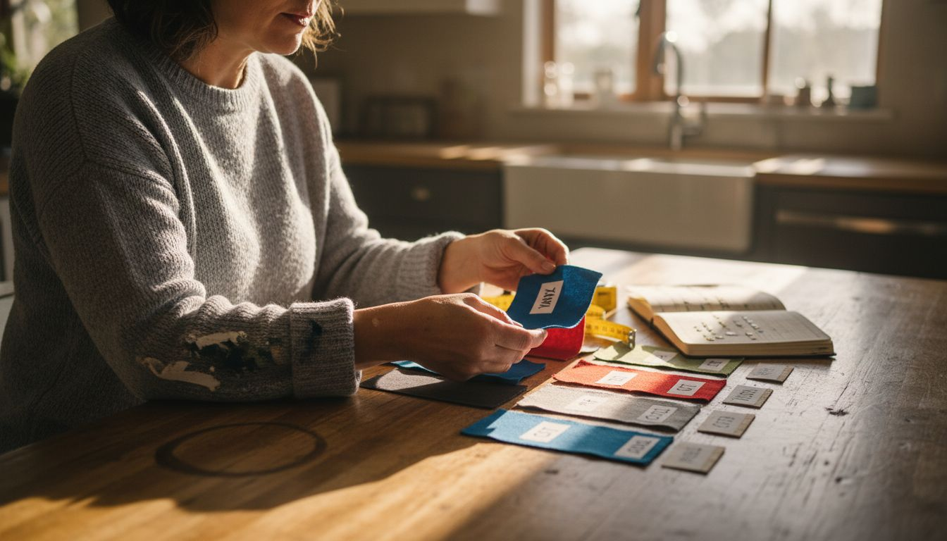 Crafter examining DTF and vinyl swatches