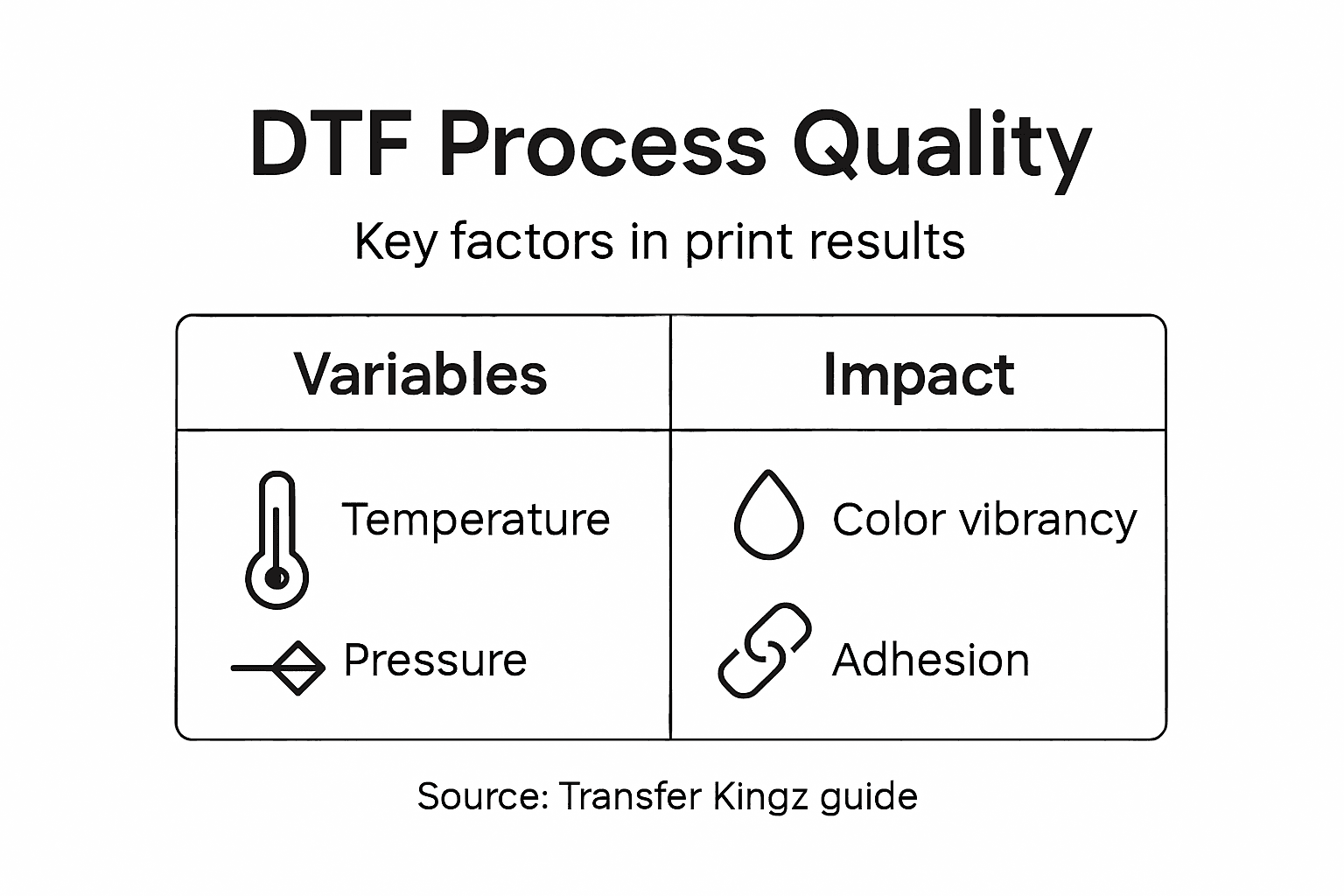 Infographic showing DTF process quality factors