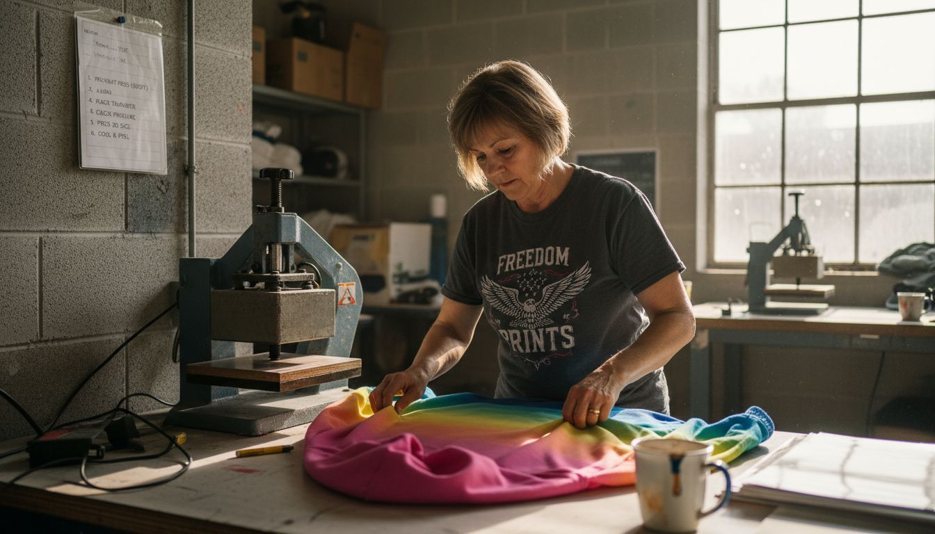 Worker prepping garment near heat press