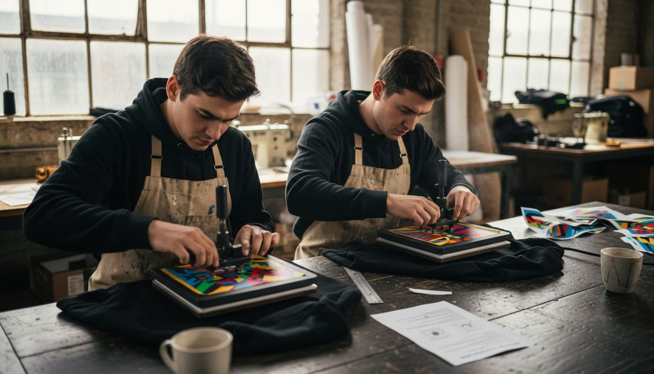 People heat pressing custom DTF transfers on hoodies