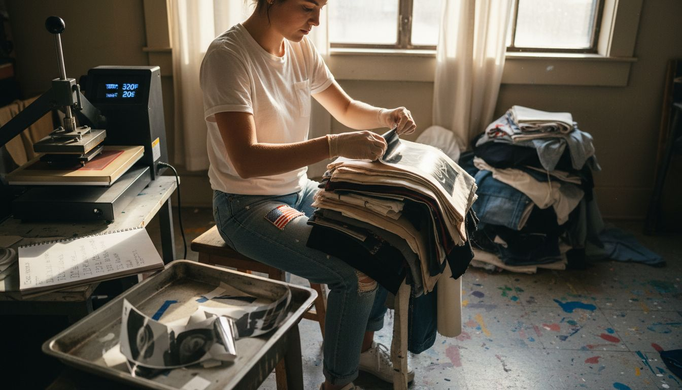 Designer testing DTF transfer on fabrics