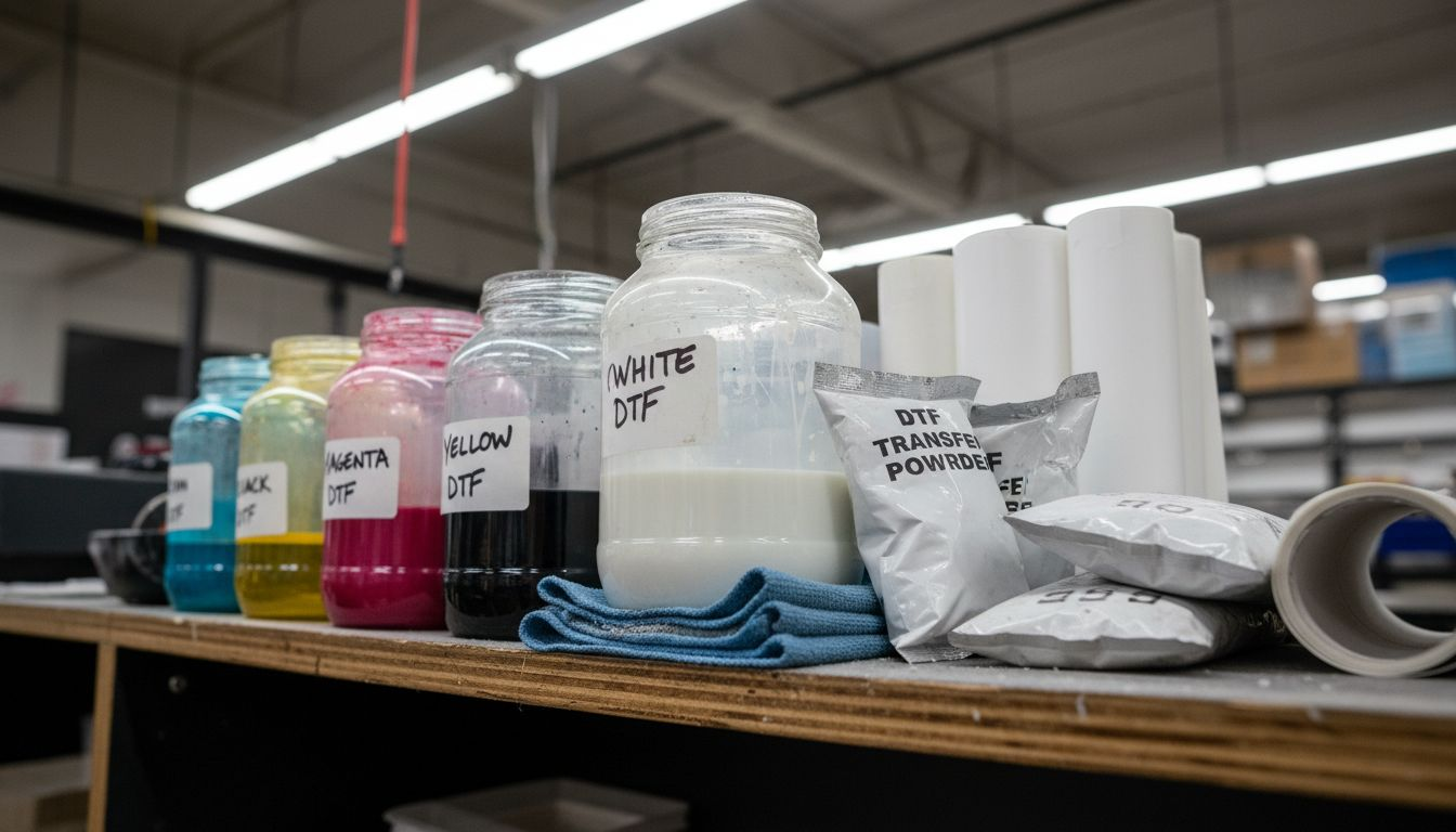 Shelf with DTF film ink and powder supplies