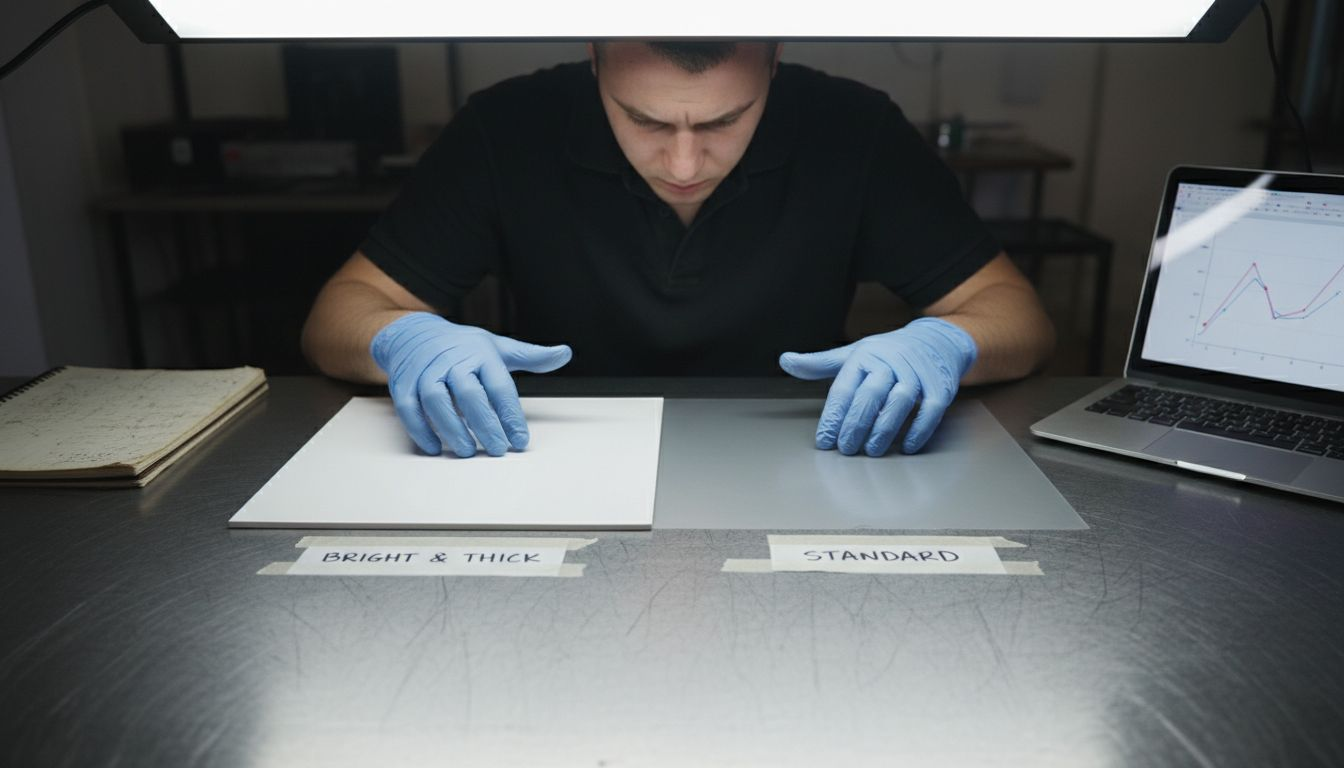 Technician comparing new and old DTF film types