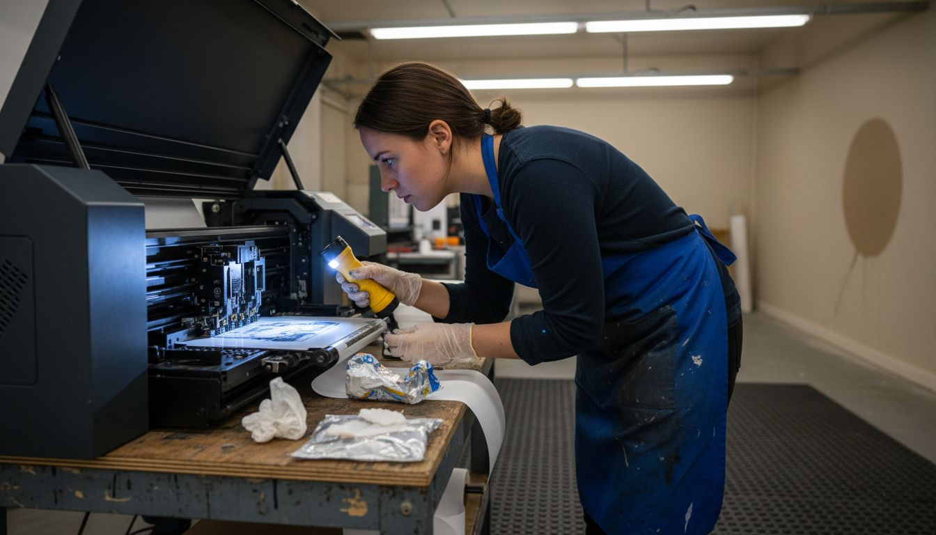 Worker checking DTF printer nozzle area