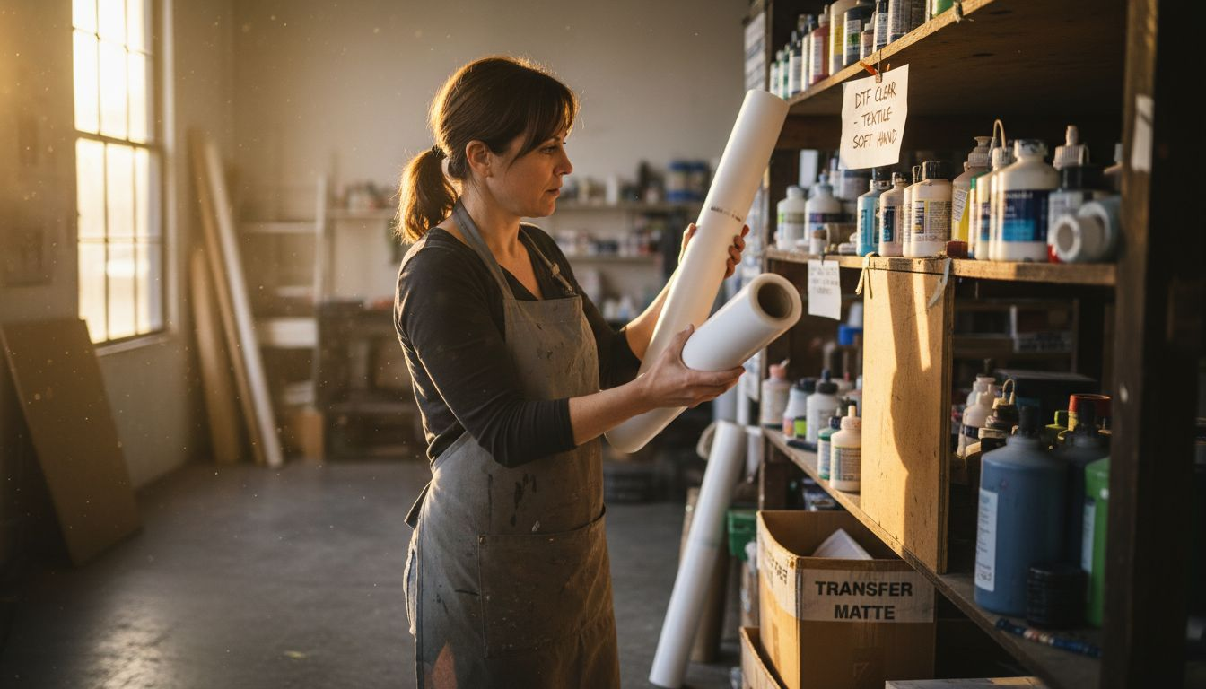 Print operator comparing dtf film rolls